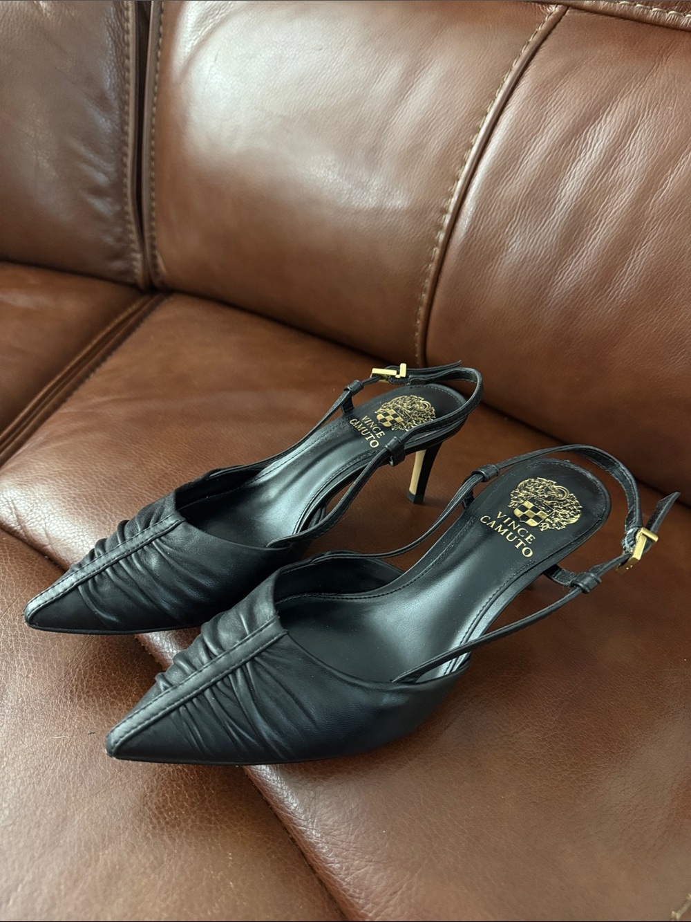 Vince Camuto Black Pointed Leather Slingback Pumps with Gold Buckles